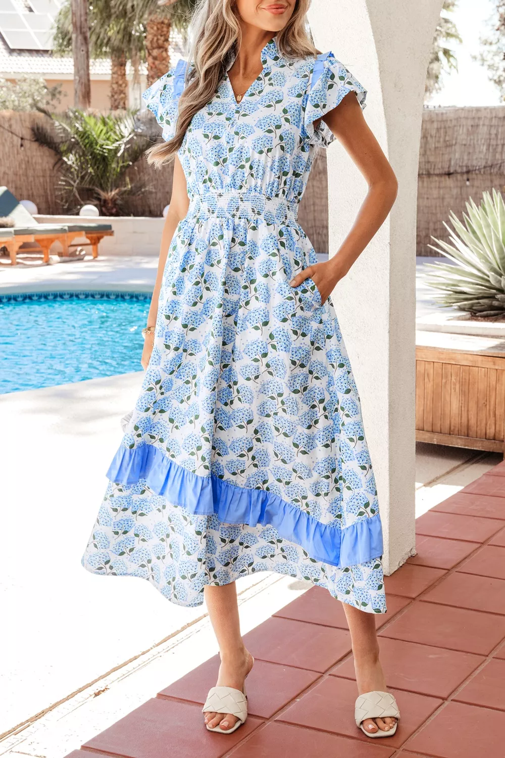 Hydrangea Floral Print Ruffle Trim Flutter Sleeve Dress - Image 3