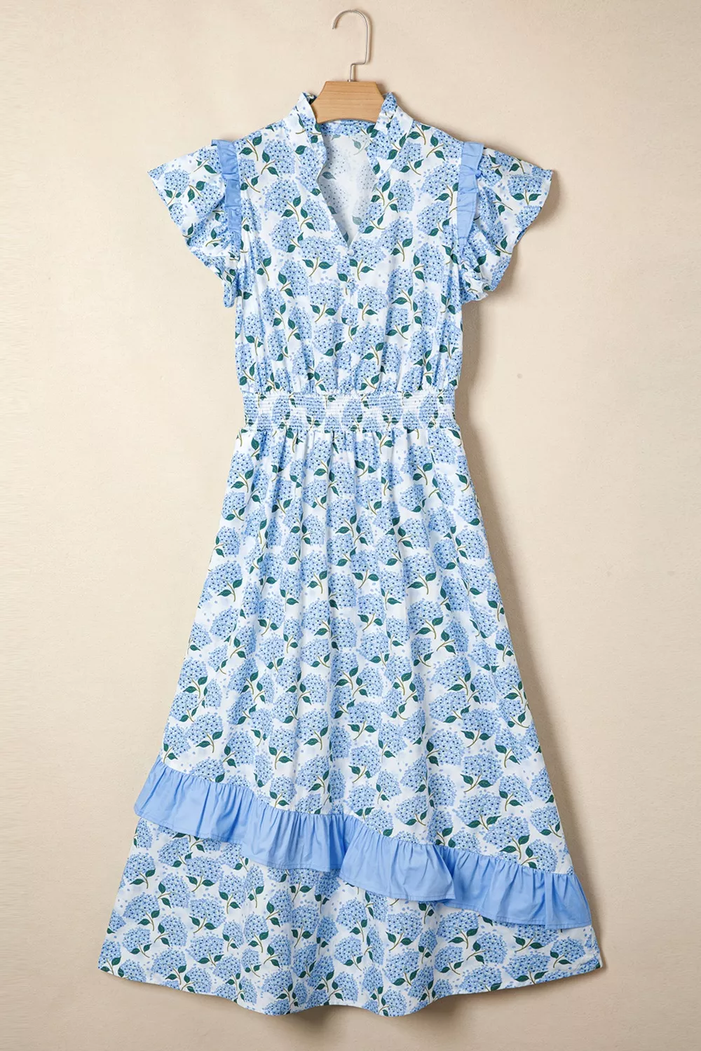 Hydrangea Floral Print Ruffle Trim Flutter Sleeve Dress - Image 6