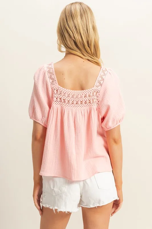 HYFVE Crochet Detail Puff Sleeve Peasant Top - Image 3