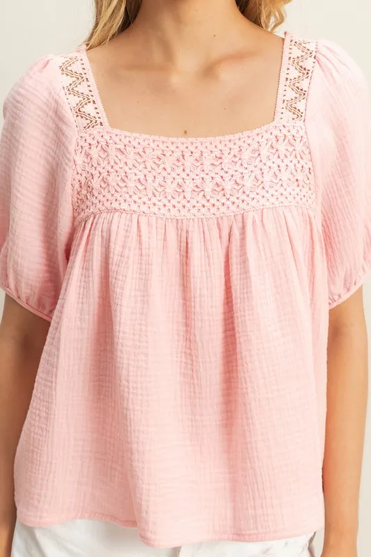 HYFVE Crochet Detail Puff Sleeve Peasant Top - Image 5