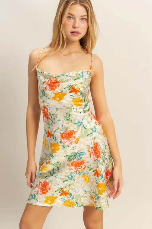 HYFVE Floral Cowl Neck Flirty Satin Mini Dress - Image 2