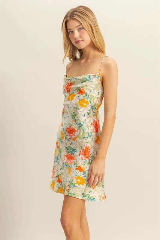 HYFVE Floral Cowl Neck Flirty Satin Mini Dress - Image 3
