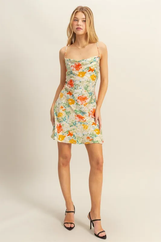 HYFVE Floral Cowl Neck Flirty Satin Mini Dress - Image 4