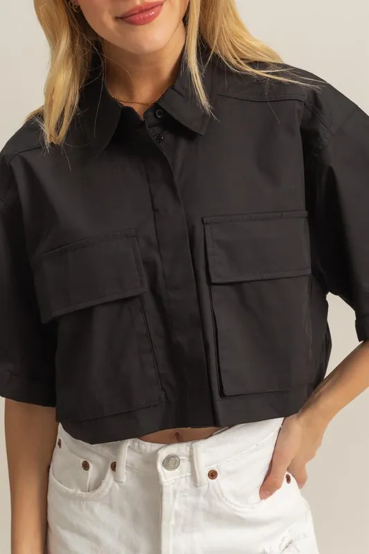 HYFVE Front Pockets Poplin Collared Neck Crop Shirt - Image 4