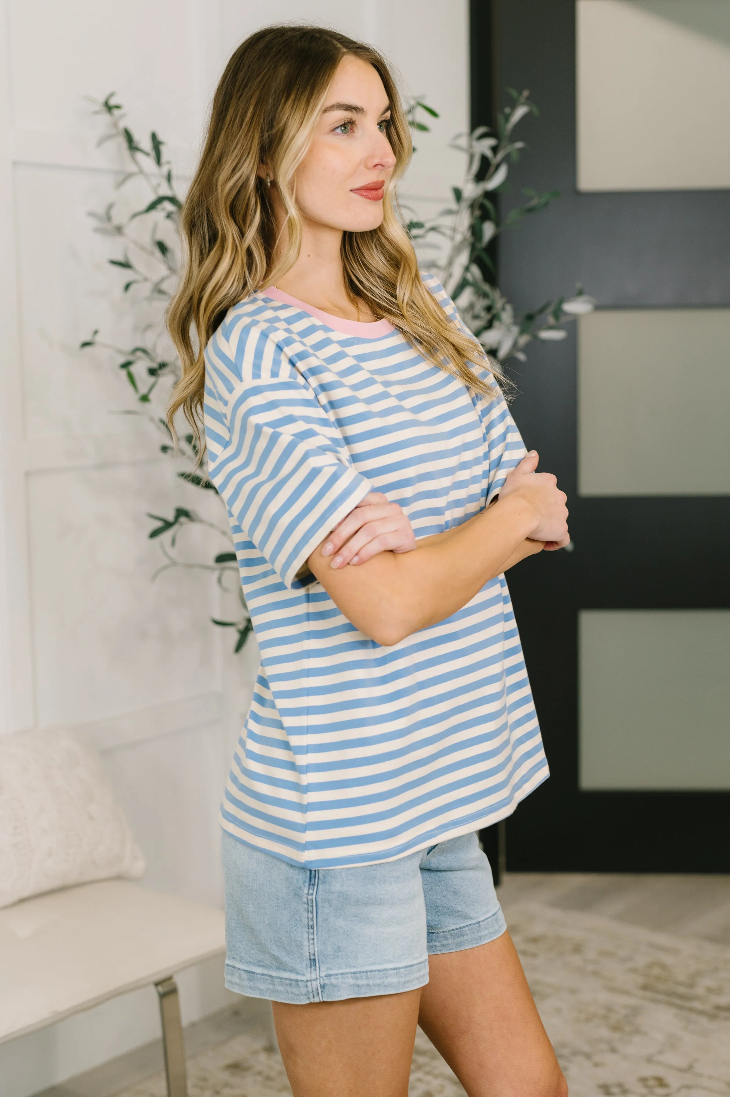 I Think I'm in Love Round Neck Loose Tee in Blue and Pink - Image 4