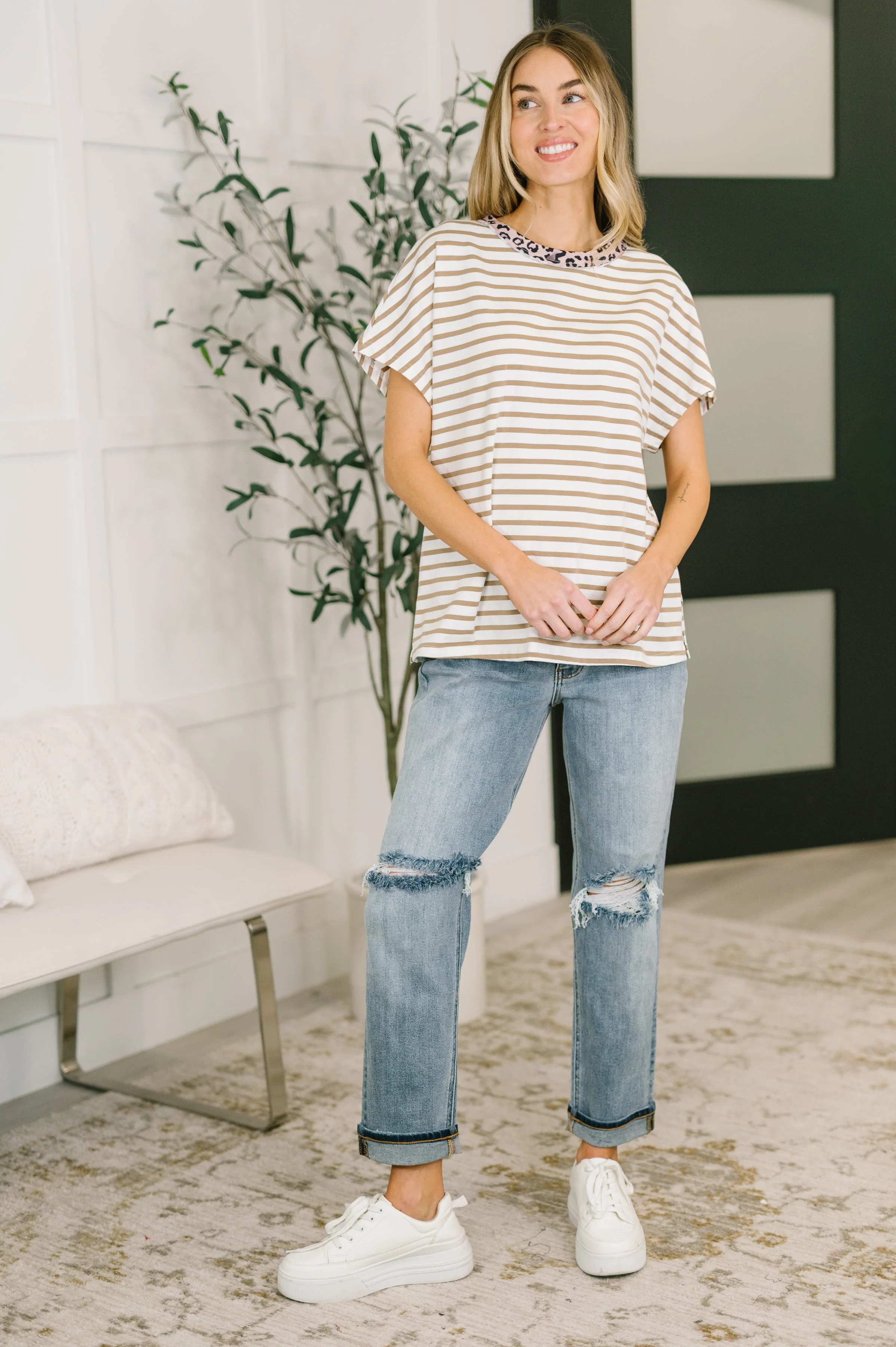 I Think I'm in Love Round Neck Loose Tee in Khaki Leopard - Image 3