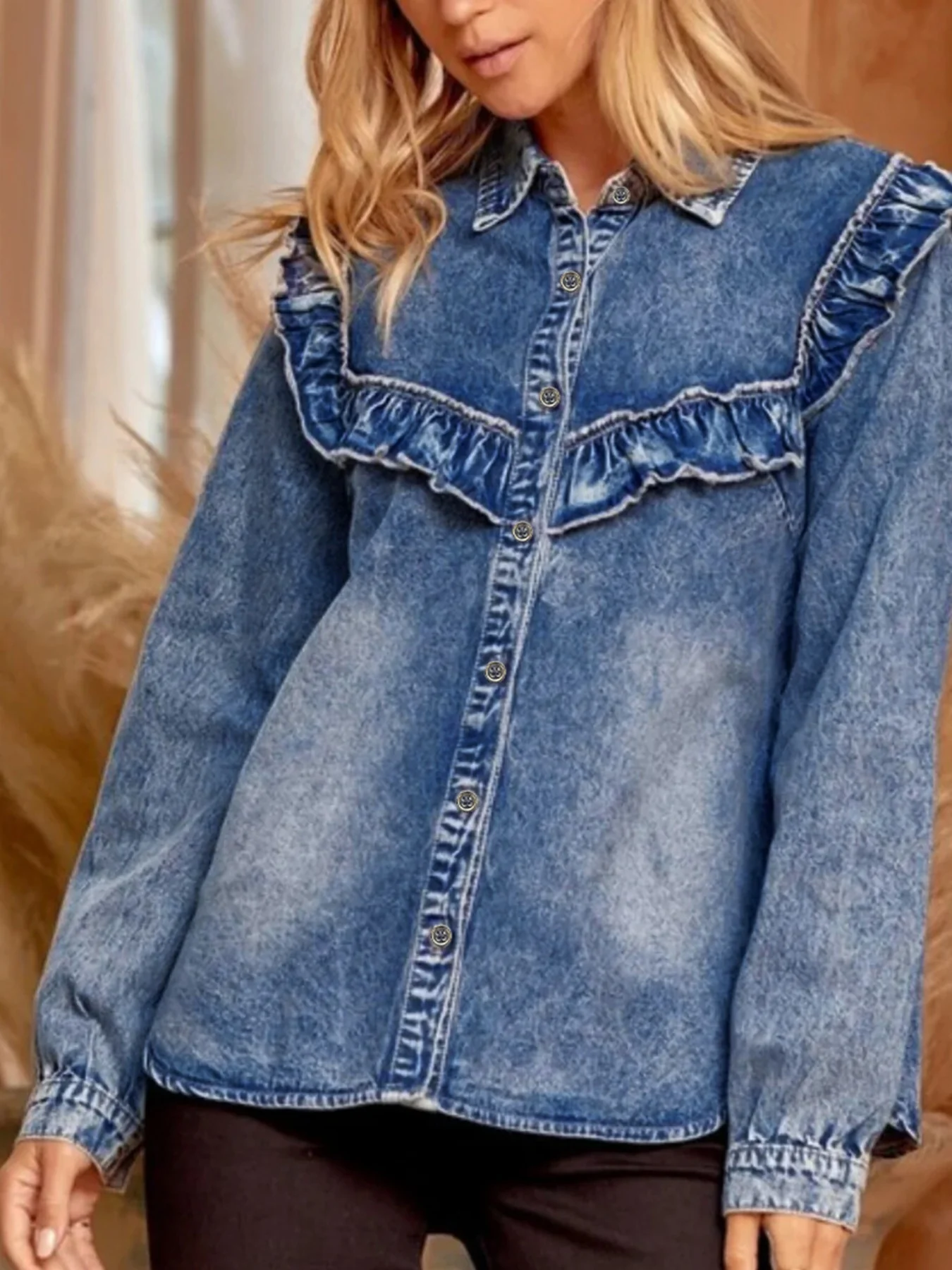 intage Wash Denim Ruffle Detail Button Down Shirt - Image 3
