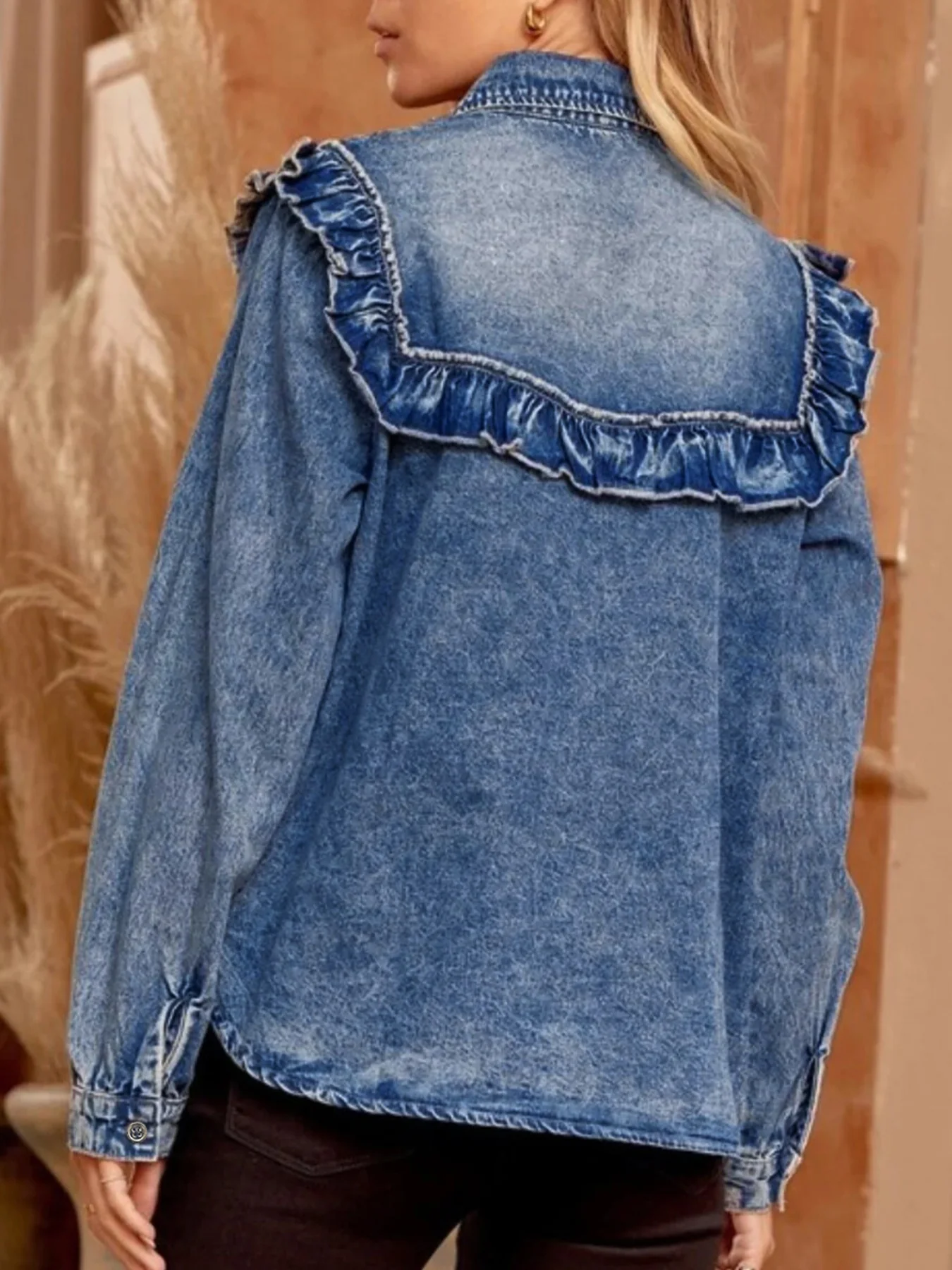 intage Wash Denim Ruffle Detail Button Down Shirt - Image 4