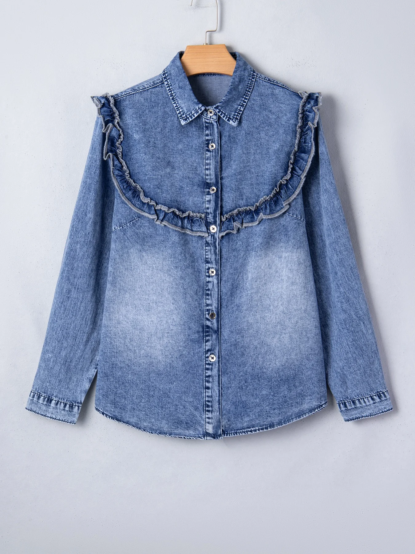 intage Wash Denim Ruffle Detail Button Down Shirt - Image 5