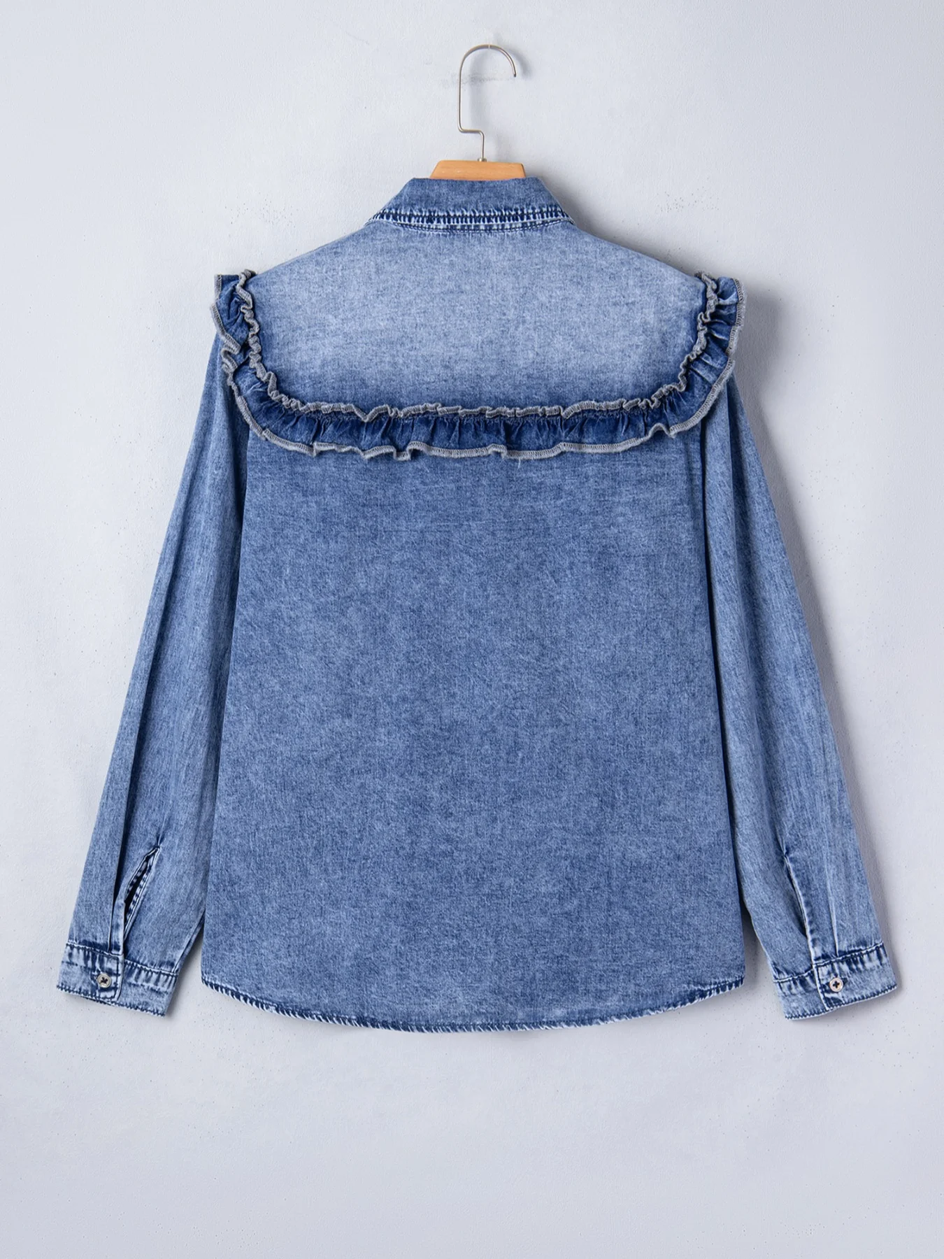 intage Wash Denim Ruffle Detail Button Down Shirt - Image 6