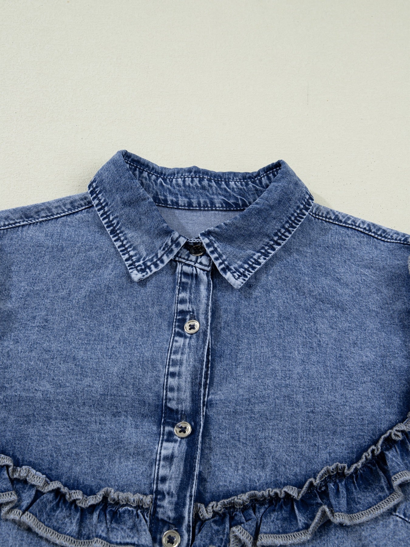 intage Wash Denim Ruffle Detail Button Down Shirt - Image 7