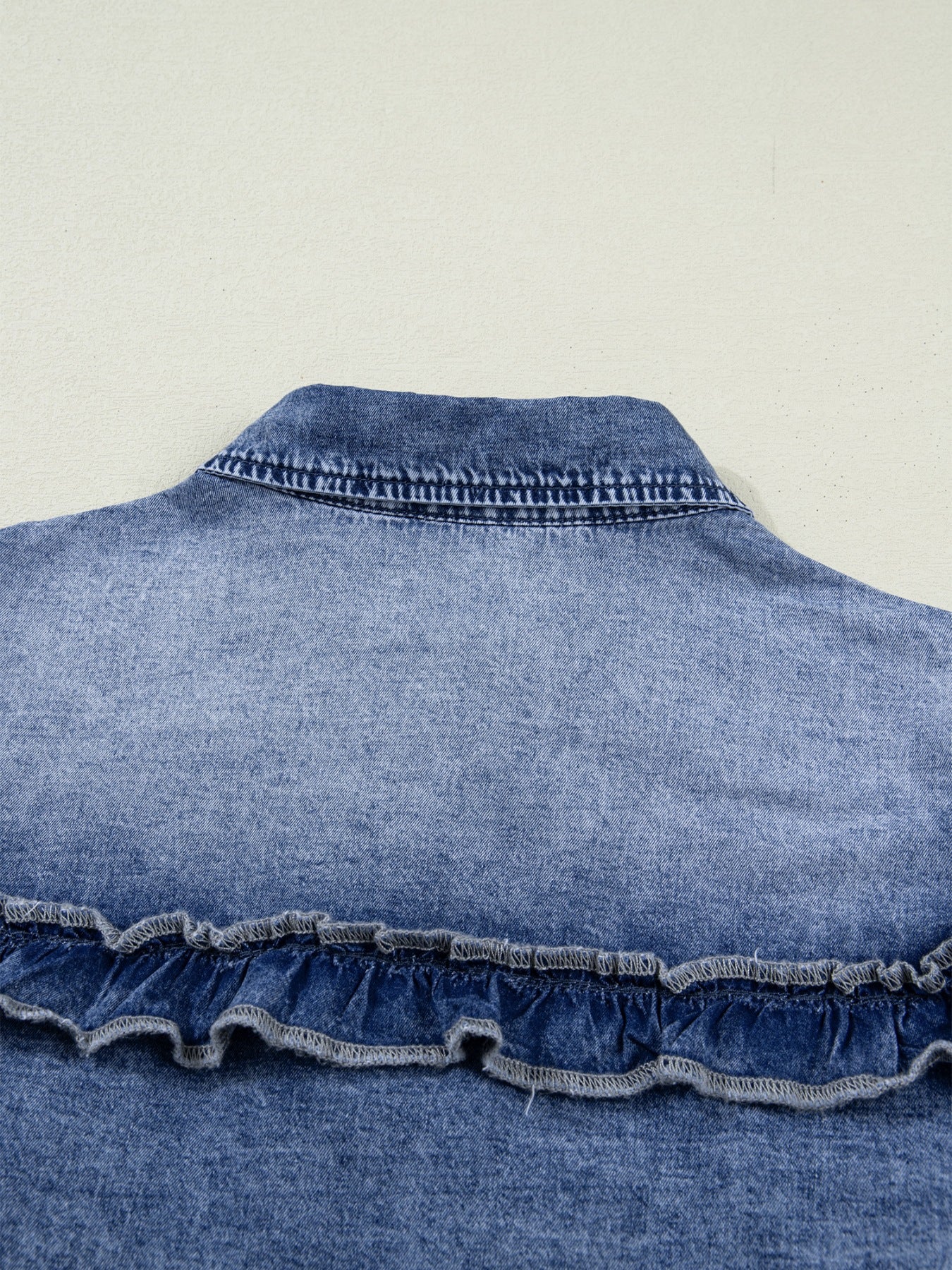 intage Wash Denim Ruffle Detail Button Down Shirt - Image 8
