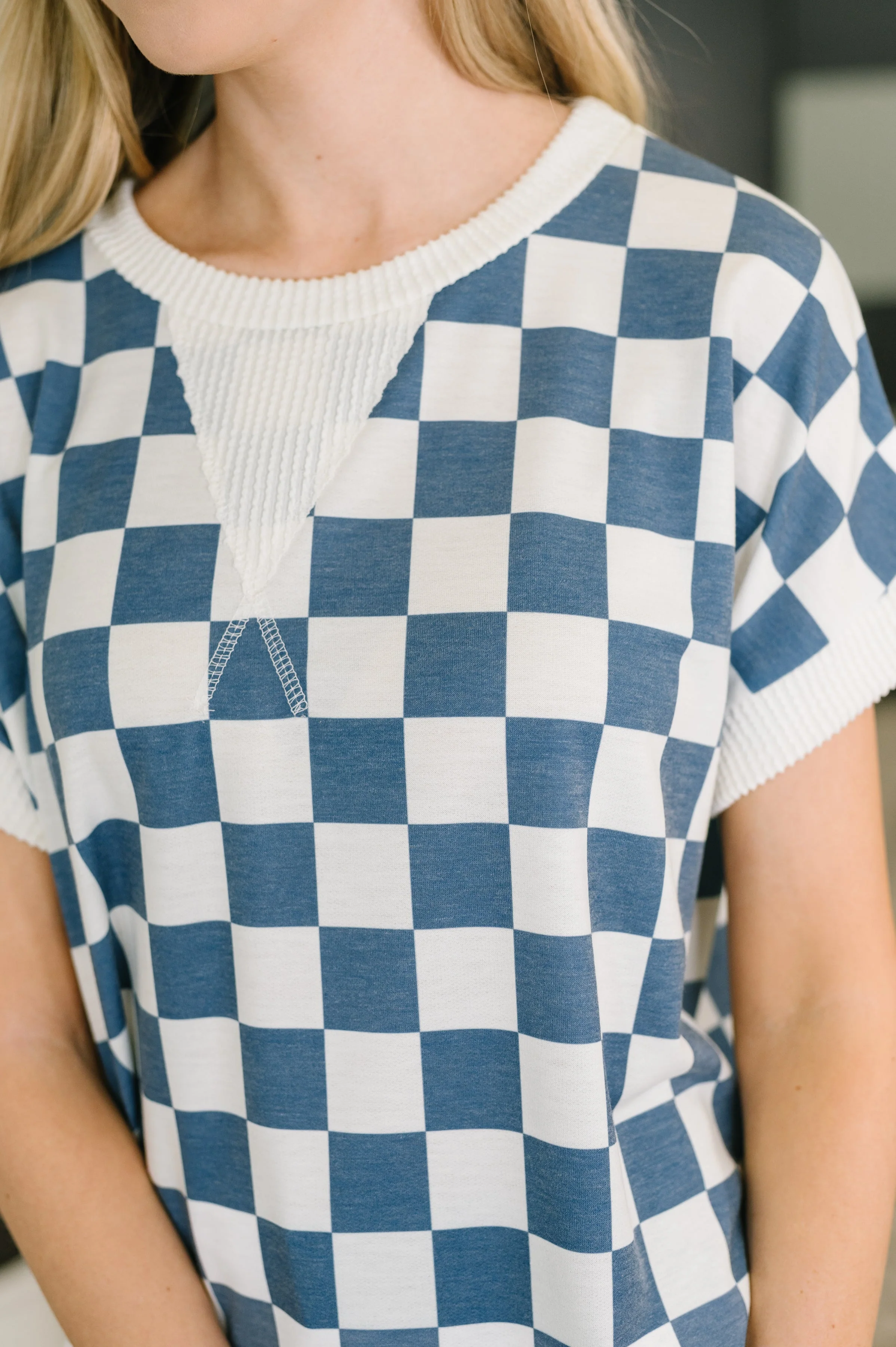 I've Been Everywhere Crew Neck Checkered Top in Blue - Image 2