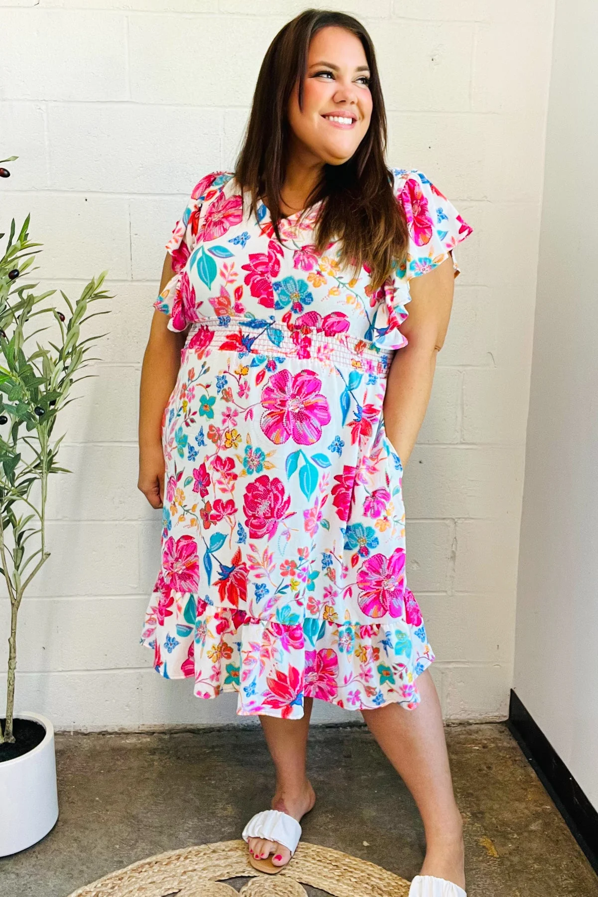Hello Beautiful Ivory & Fuchsia Floral Sequin Smock Waist Midi Dress - Image 12