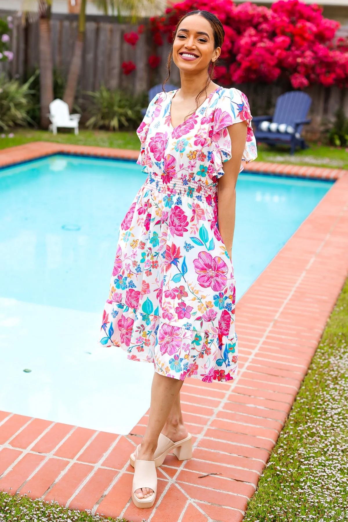 Hello Beautiful Ivory & Fuchsia Floral Sequin Smock Waist Midi Dress - Image 18