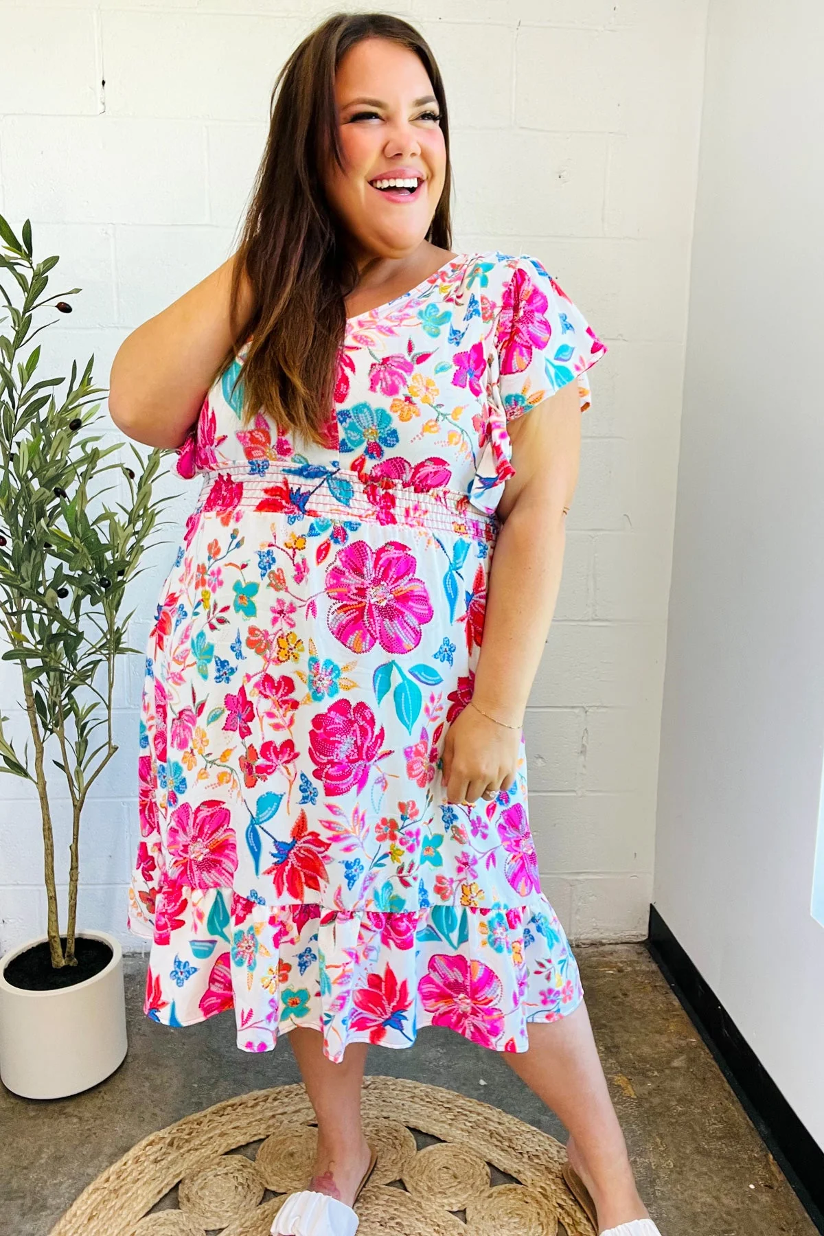 Hello Beautiful Ivory & Fuchsia Floral Sequin Smock Waist Midi Dress - Image 2