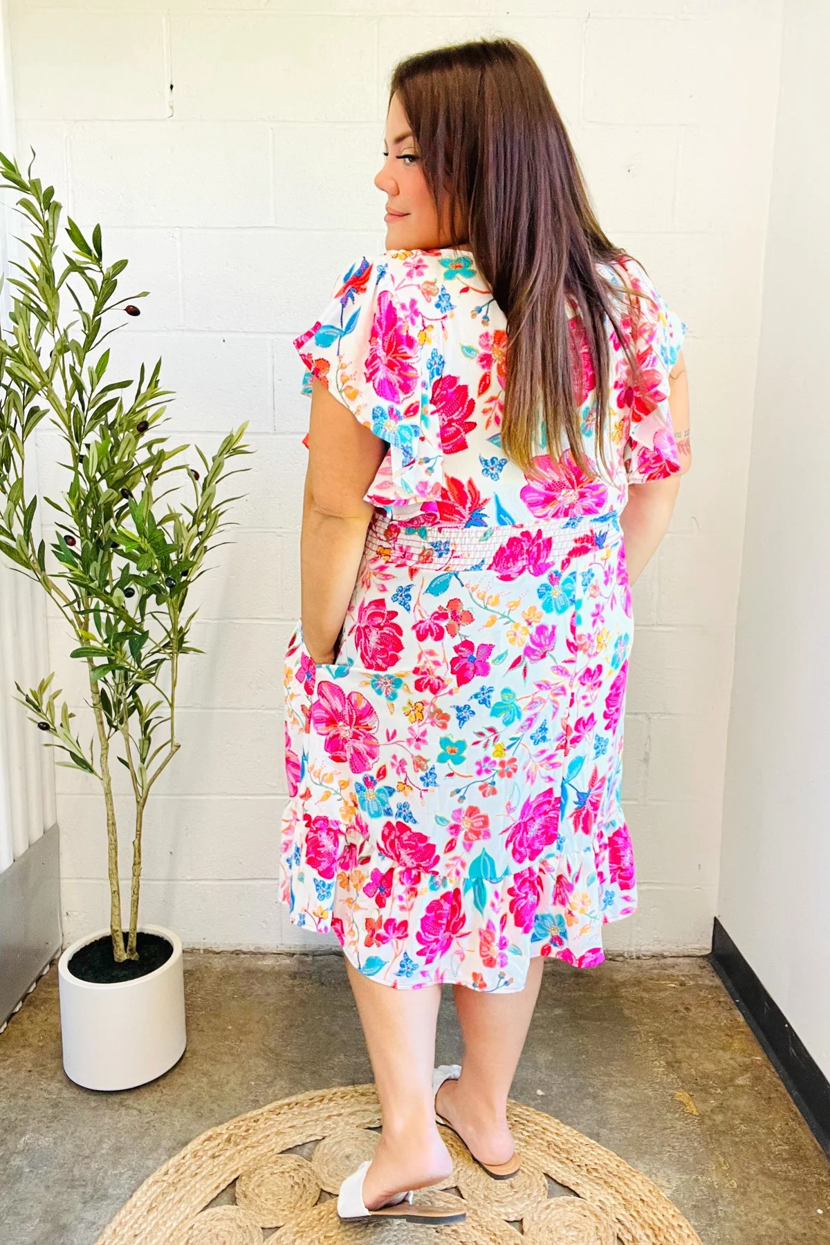 Hello Beautiful Ivory & Fuchsia Floral Sequin Smock Waist Midi Dress - Image 7