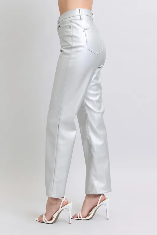 Judy Blue Full Size High Waist Silver Faux Leather Pants Plus Size - Image 2