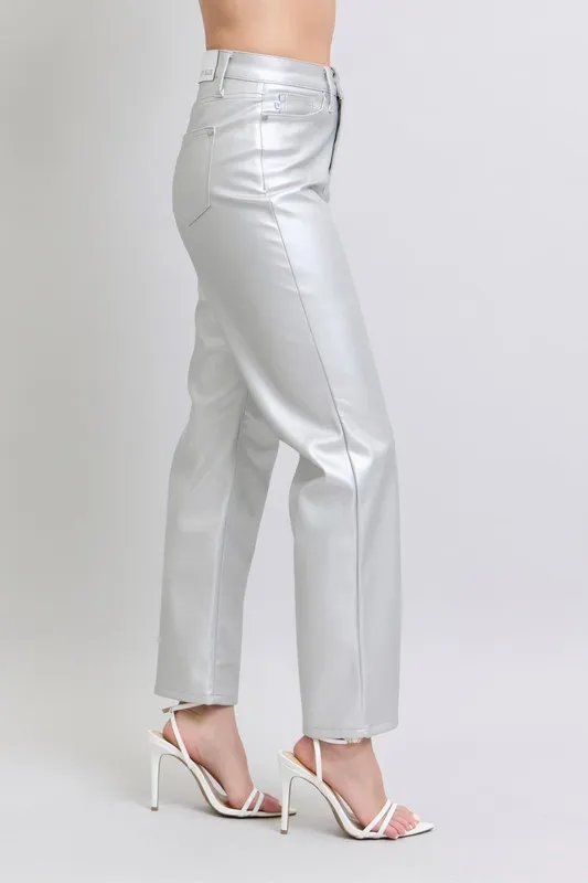 Judy Blue Full Size High Waist Silver Faux Leather Pants Plus Size - Image 4