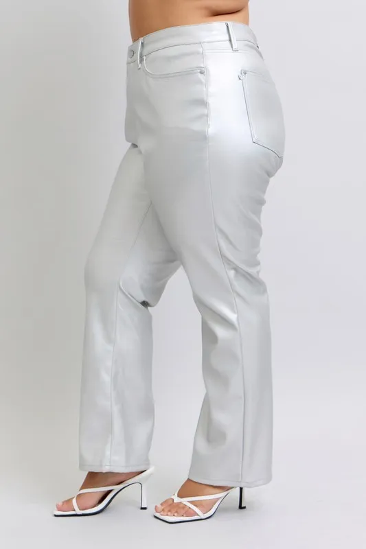 Judy Blue Full Size High Waist Silver Faux Leather Pants Plus Size - Image 7