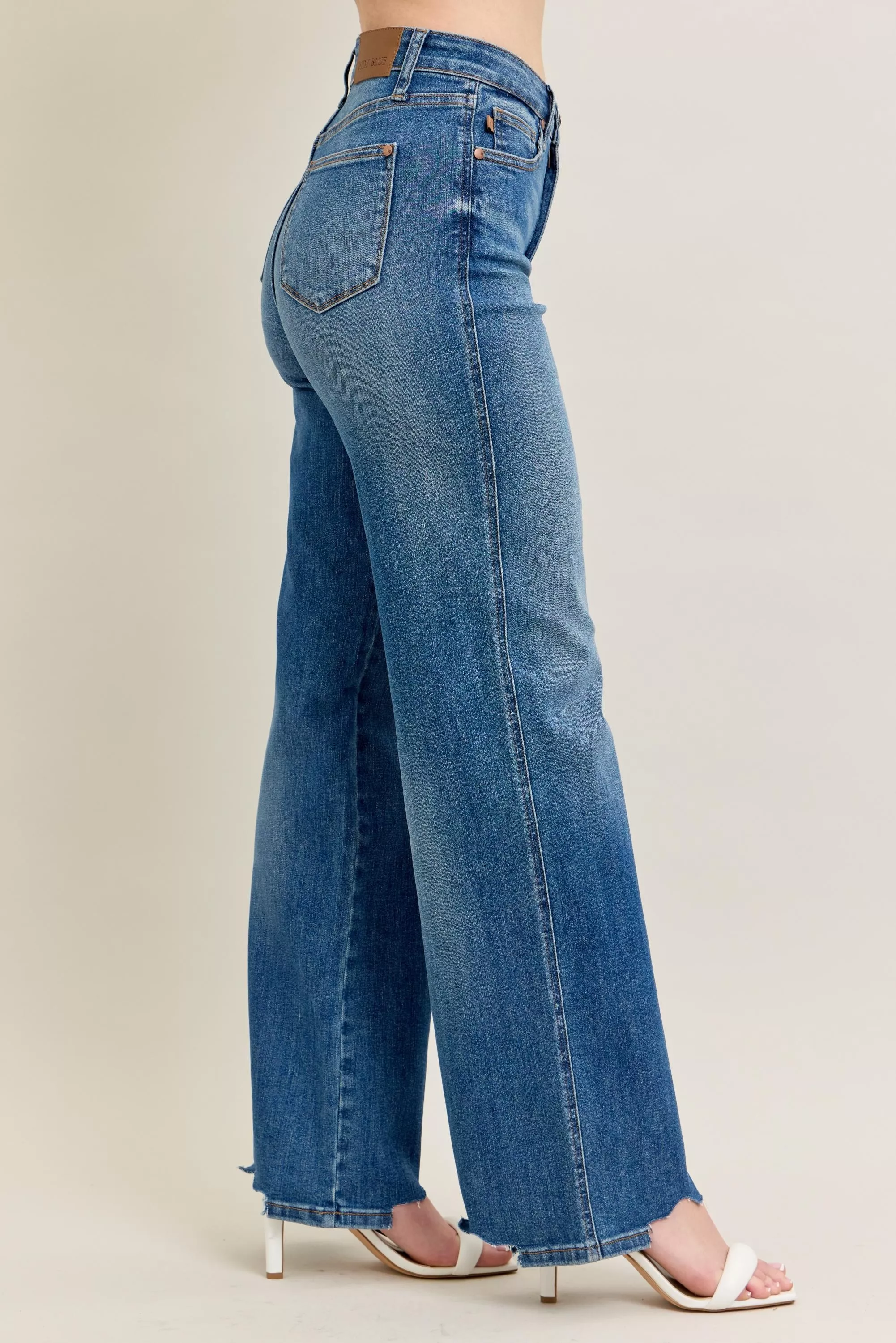 Judy Blue Full Size High Waist Tummy Control Chew Hem Destroy Wide Jeans Plus Size - Image 10