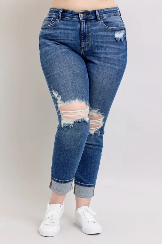 Judy Blue Full Size Mid Rise Boyfriend destroy Jeans with Yoke Pockets and Faux Selvedge Cuff Plus Size - Image 9