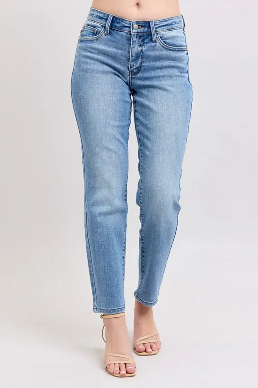 Judy Blue Full Size Mid Rise Vintage Wash Slim Jeans with Cell Phone Pocket Plus Size