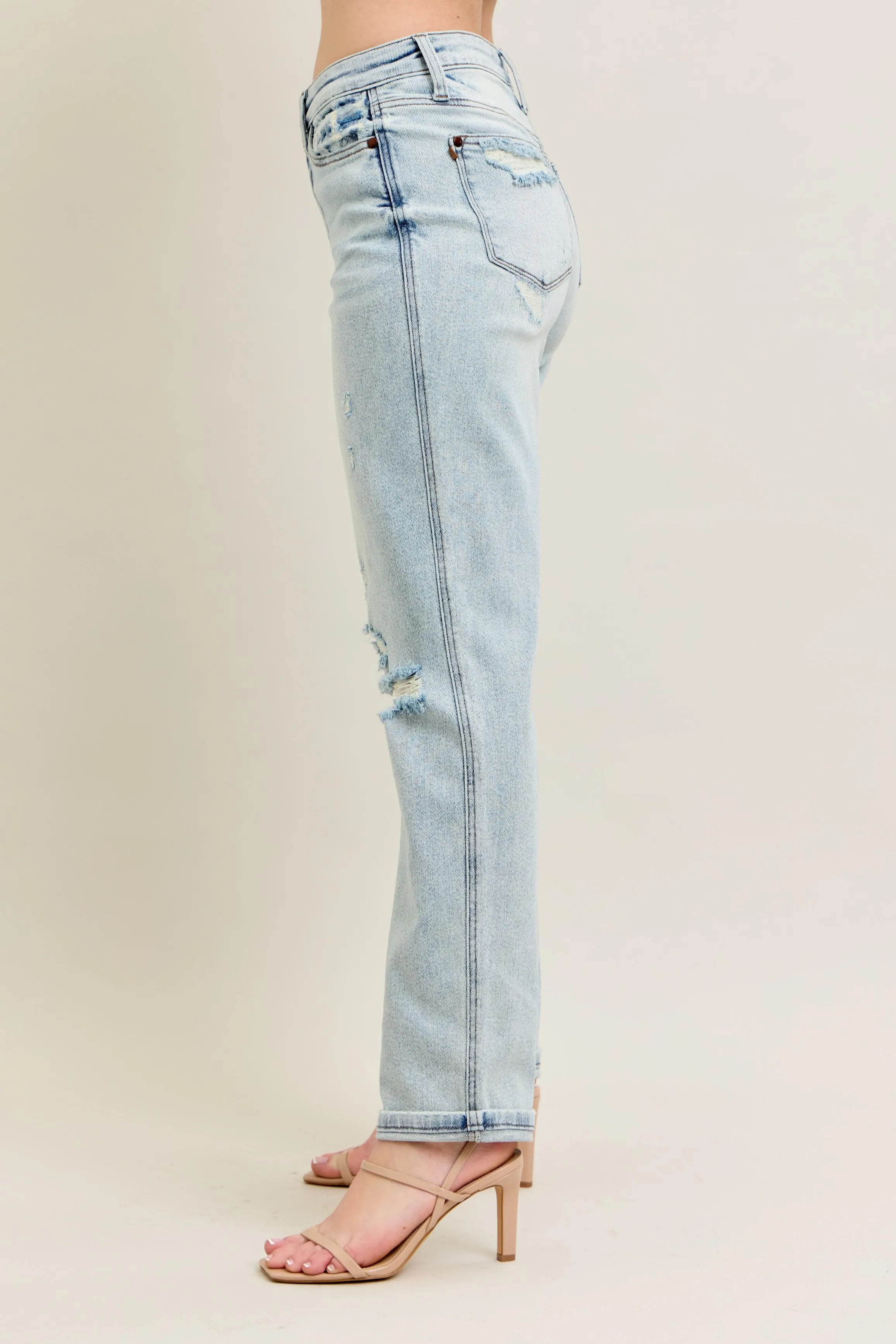 Judy Blue Full Size Mr Repair Stitch Detail Destroy Single Cuff Bf Jeans Plus Size - Image 4