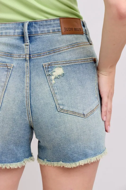 Judy Blue High Rise Washed Fly Stitch Detail and Destroy Denim Shorts - Image 2