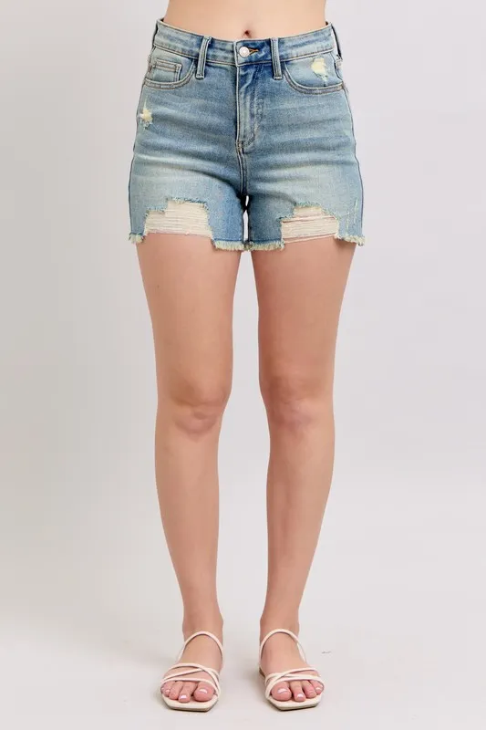 Judy Blue High Rise Washed Fly Stitch Detail and Destroy Denim Shorts - Image 4