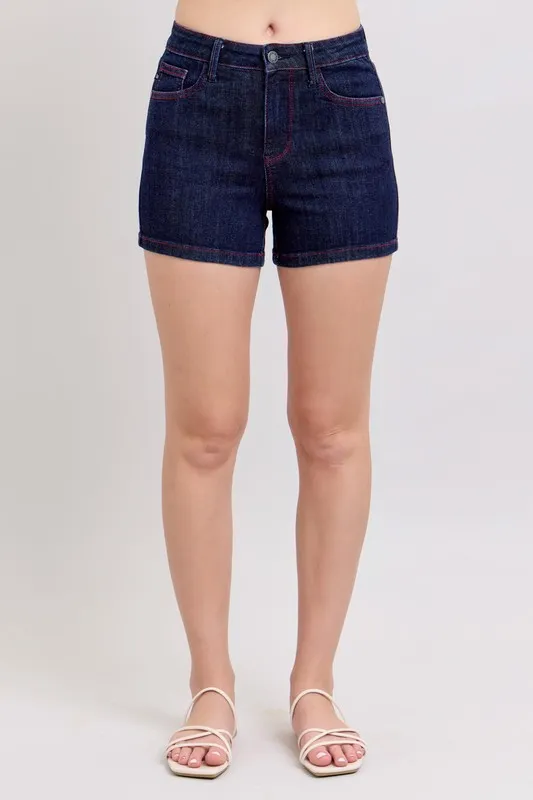 Judy Blue High Waist Heart Shaped Pkts & Red Contrast Thread Denim Shorts