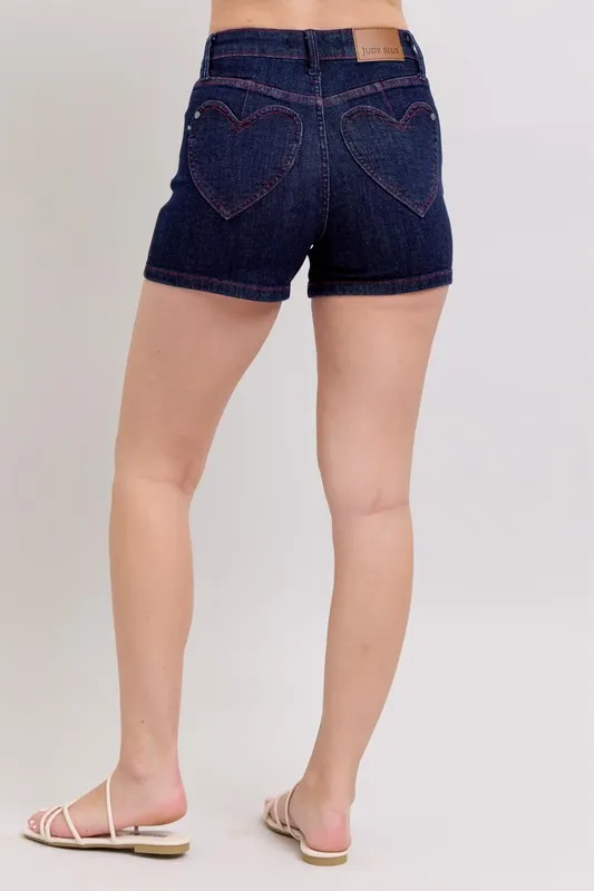 Judy Blue High Waist Heart Shaped Pkts & Red Contrast Thread Denim Shorts - Image 2