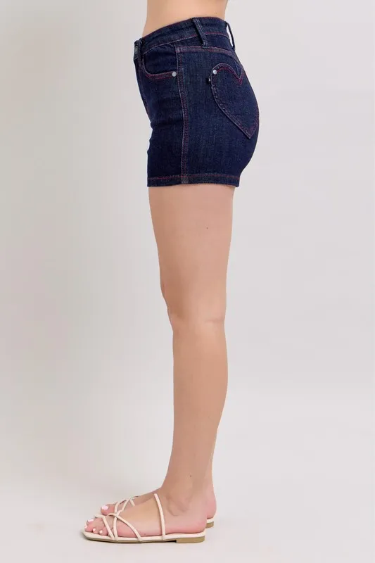 Judy Blue High Waist Heart Shaped Pkts & Red Contrast Thread Denim Shorts - Image 3