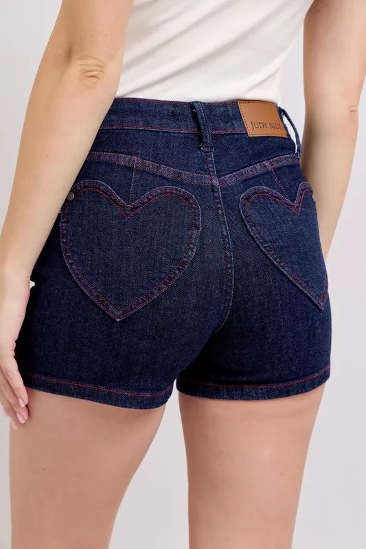 Judy Blue High Waist Heart Shaped Pkts & Red Contrast Thread Denim Shorts - Image 5