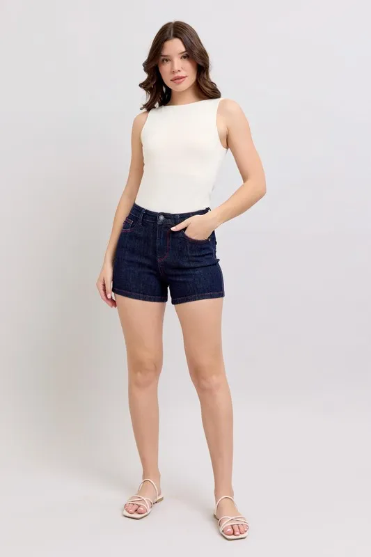 Judy Blue High Waist Heart Shaped Pkts & Red Contrast Thread Denim Shorts - Image 6