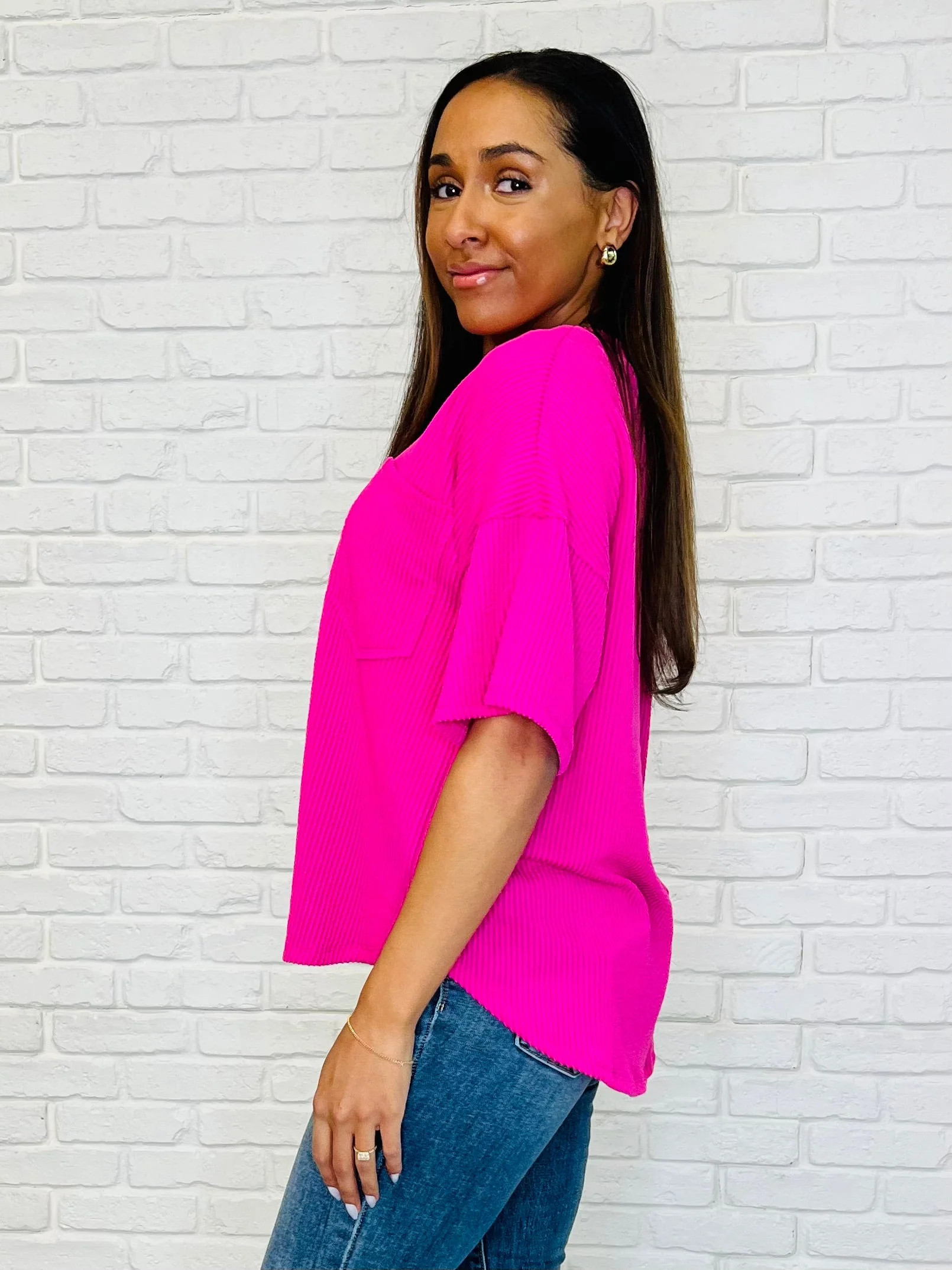 Just a Casual Girly V-Neck Basic Tee in Fuchsia - Image 3