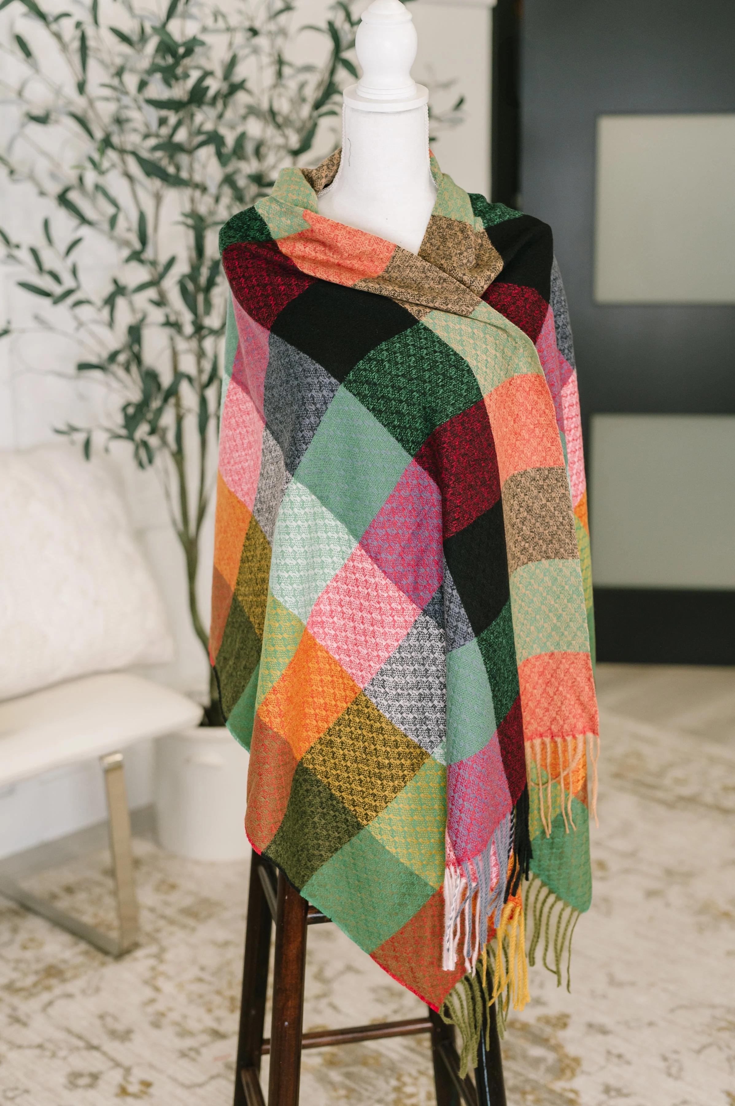 Keep Me Cozy Checkered Fringe Scarf in Berry - Image 7