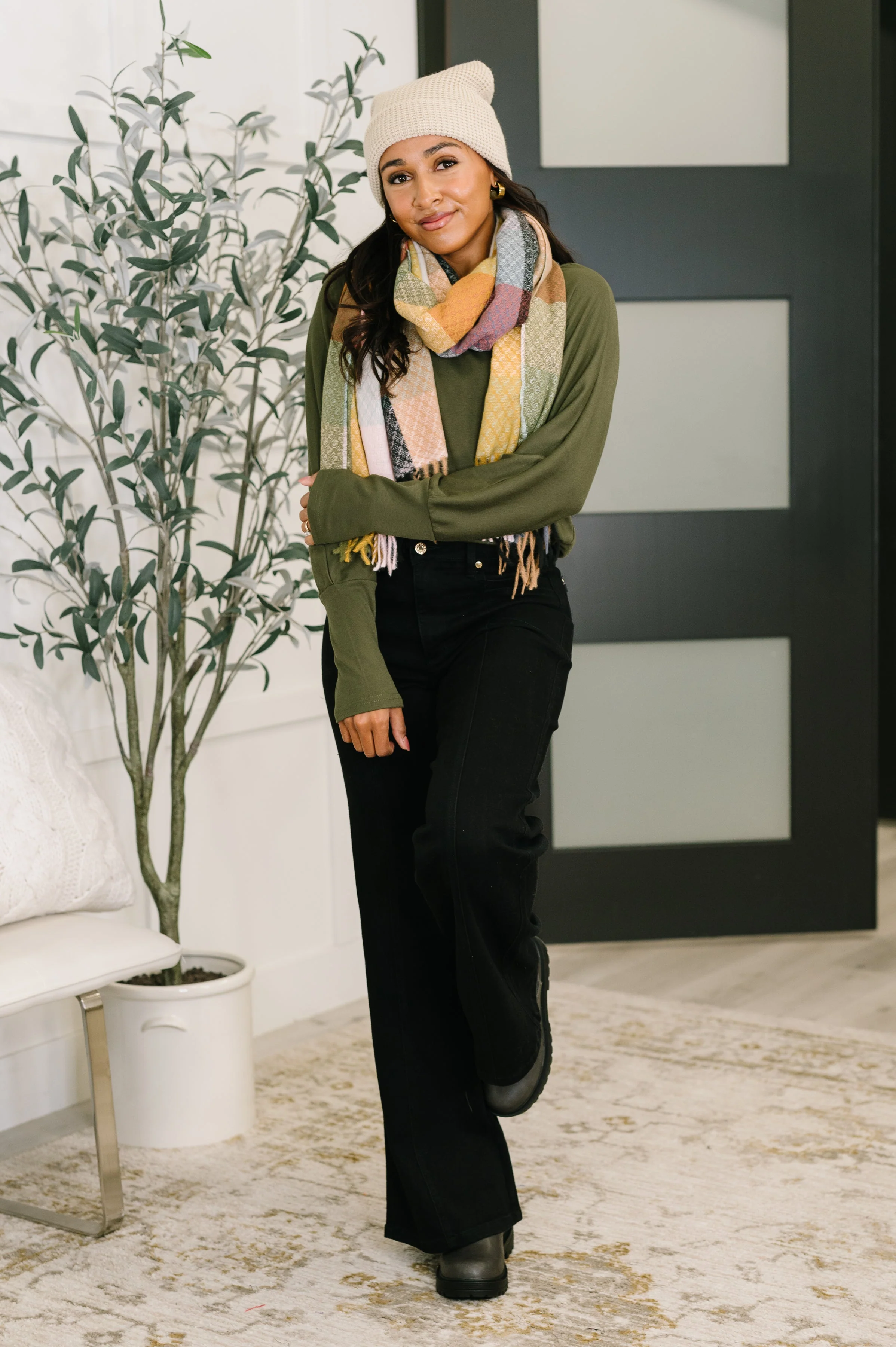 Keep Me Cozy Checkered Fringe Scarf in Pine and Petals - Image 2