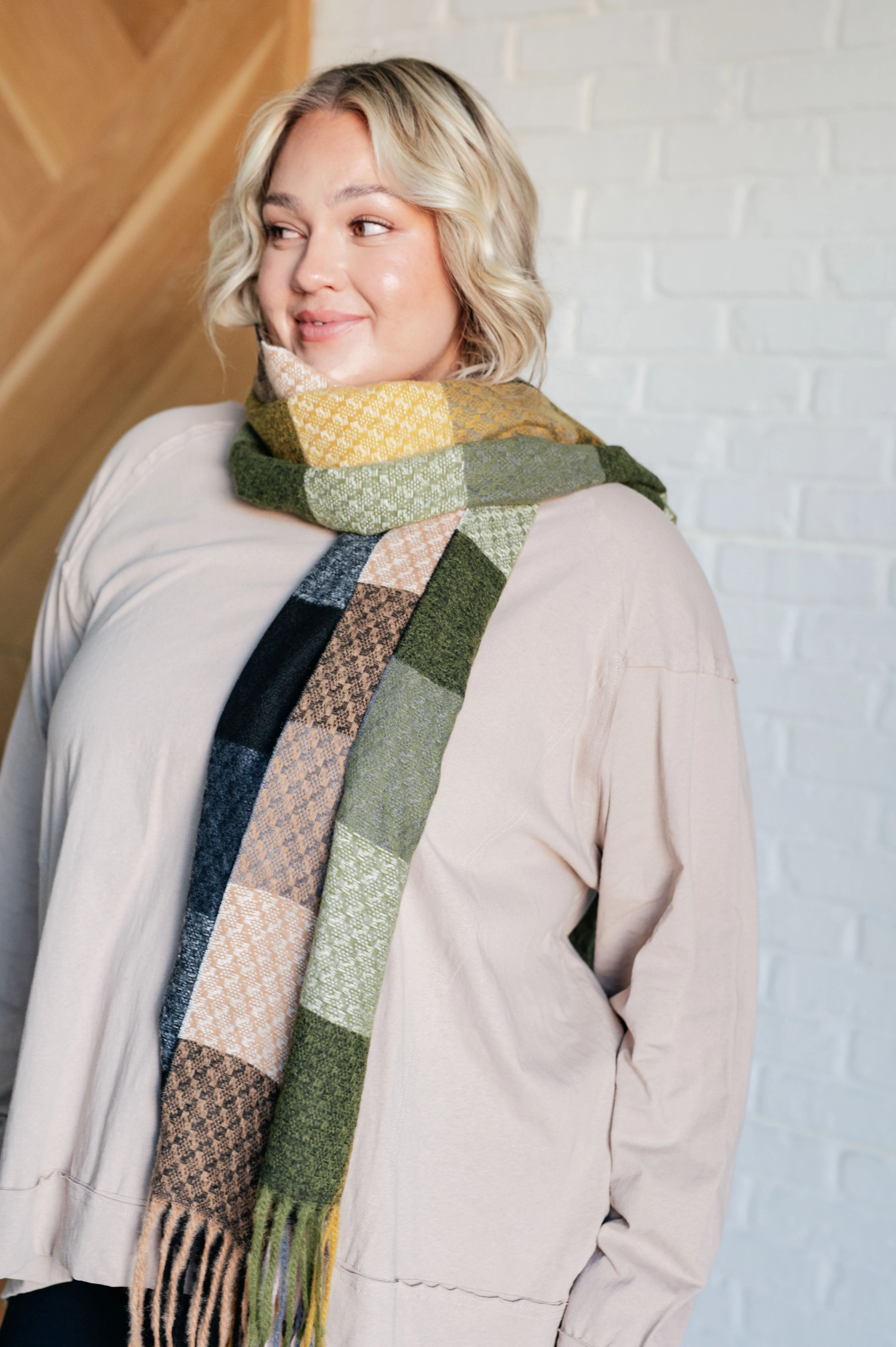 Keep Me Cozy Checkered Fringe Scarf in Woodland Shades - Image 5