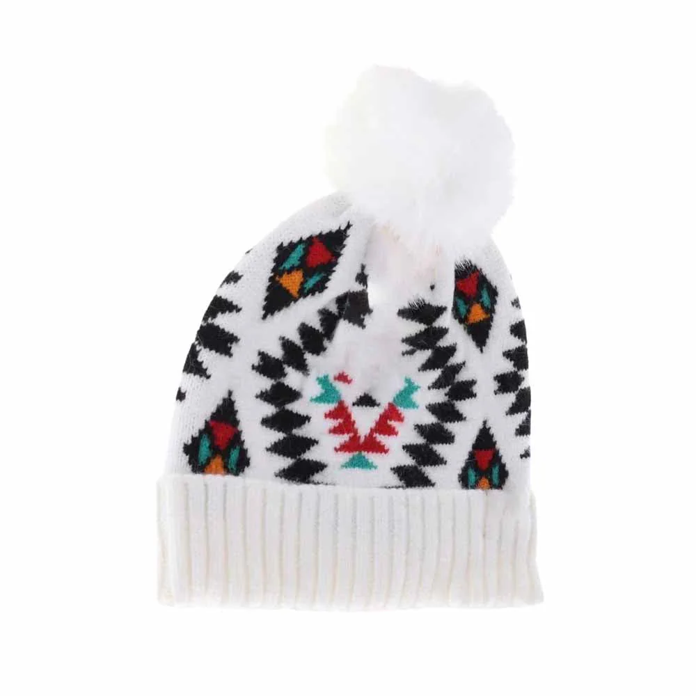KIDS Aztec Patterned Faux Fur Pom C.C Beanie - Image 3