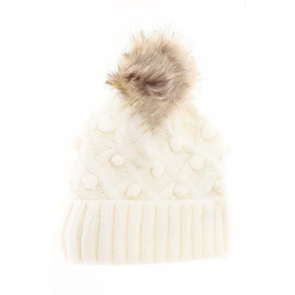 KIDS Bobble Knit Faux Fur Pom C.C Beanie - Image 2