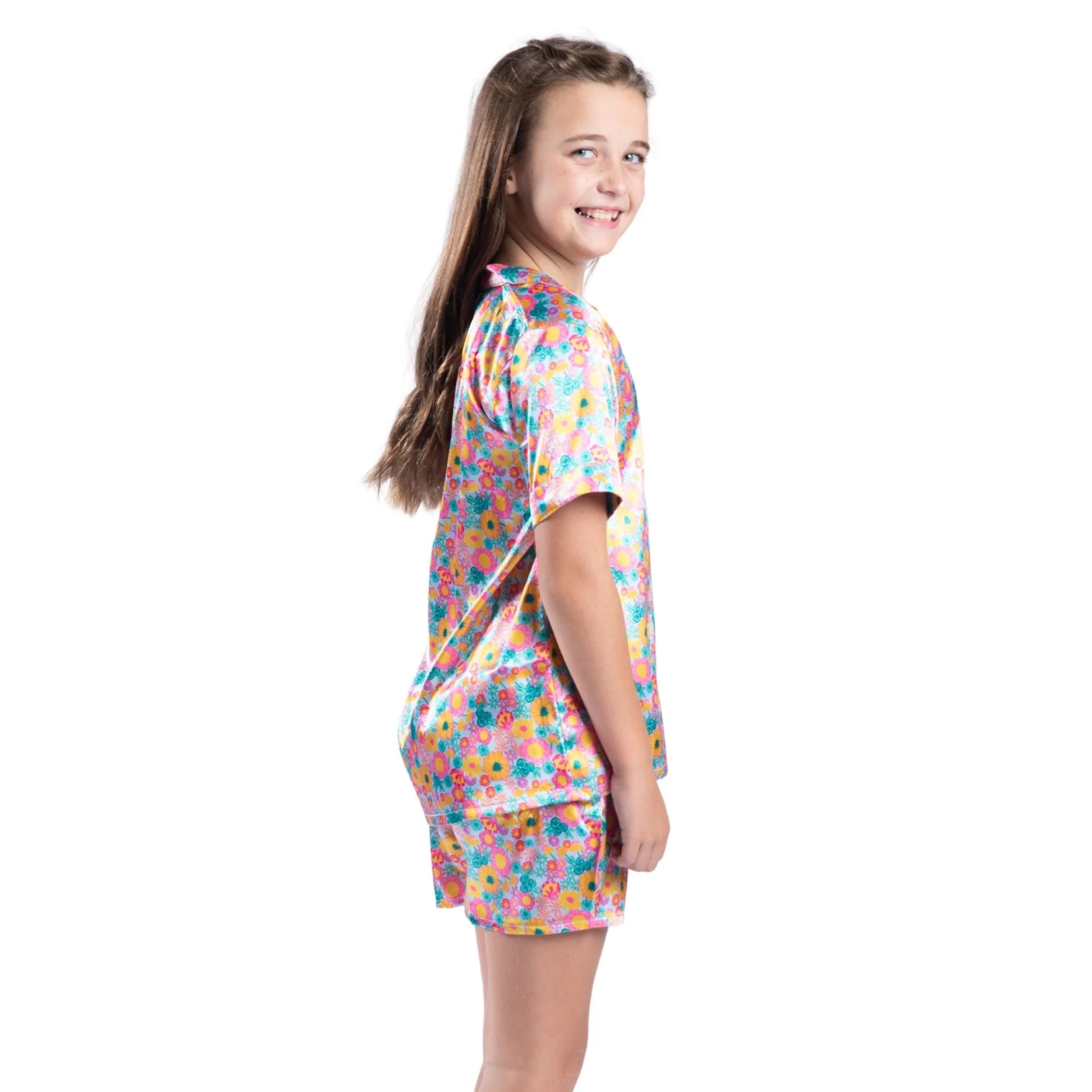 Kids Bold Floral Satin Pajama Short Set - Image 3