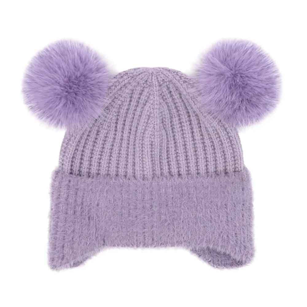 Kids Faux Fur Earflap Double Pom C.C Beanie - Image 2