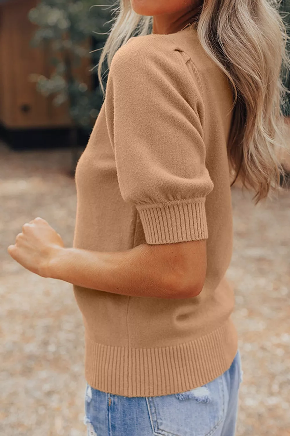 Knit Short Puff Sleeve Sweater - Image 4