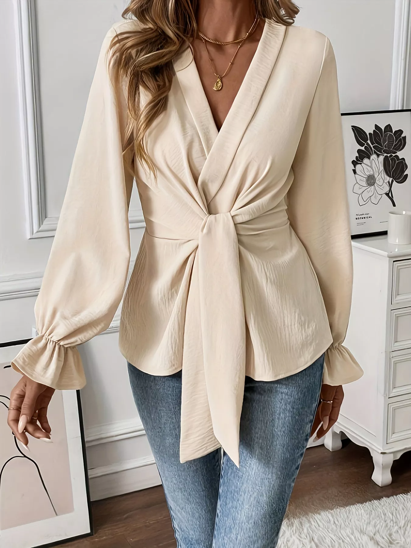 Knot Front Flounce Sleeve Blouse - Image 3