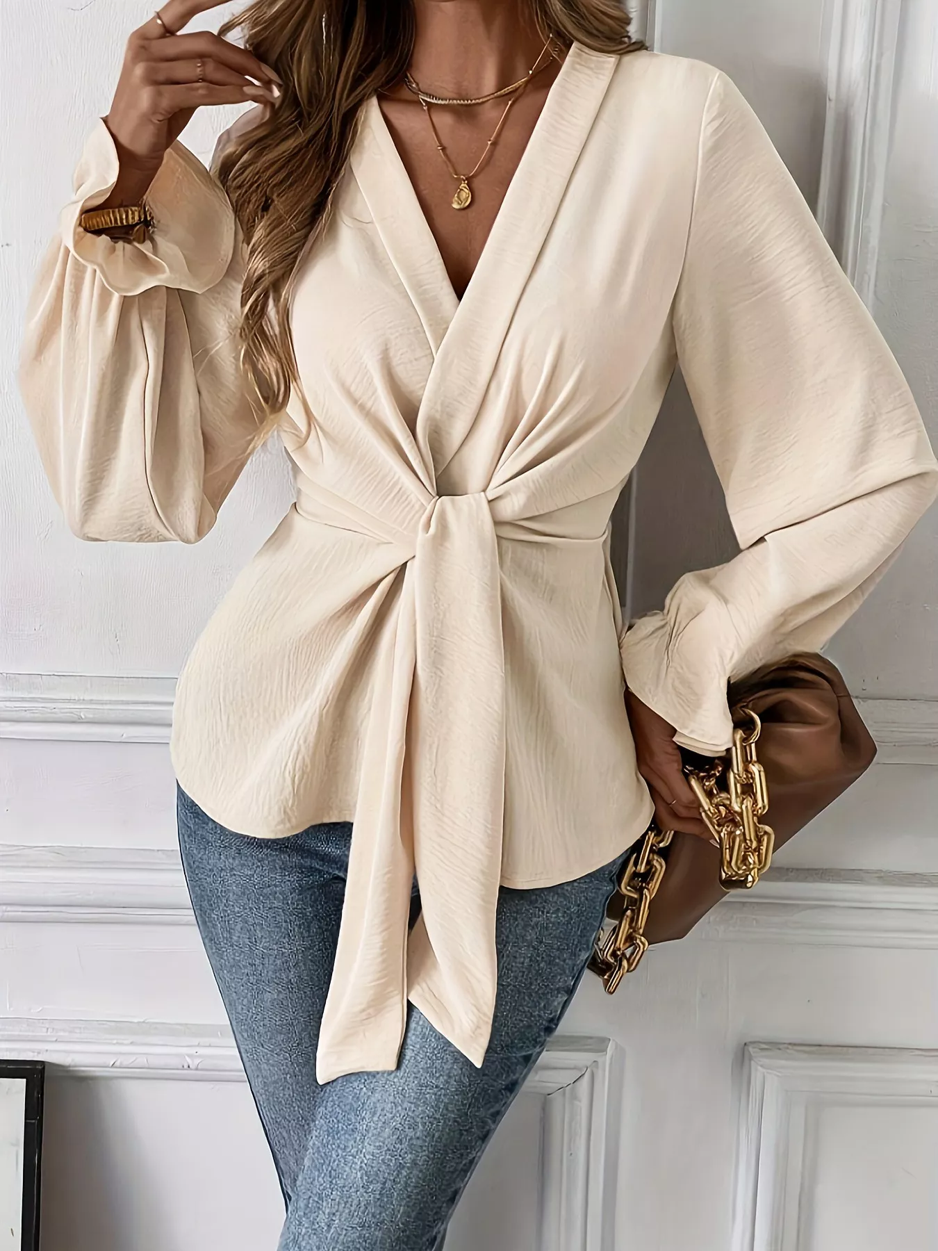 Knot Front Flounce Sleeve Blouse - Image 4