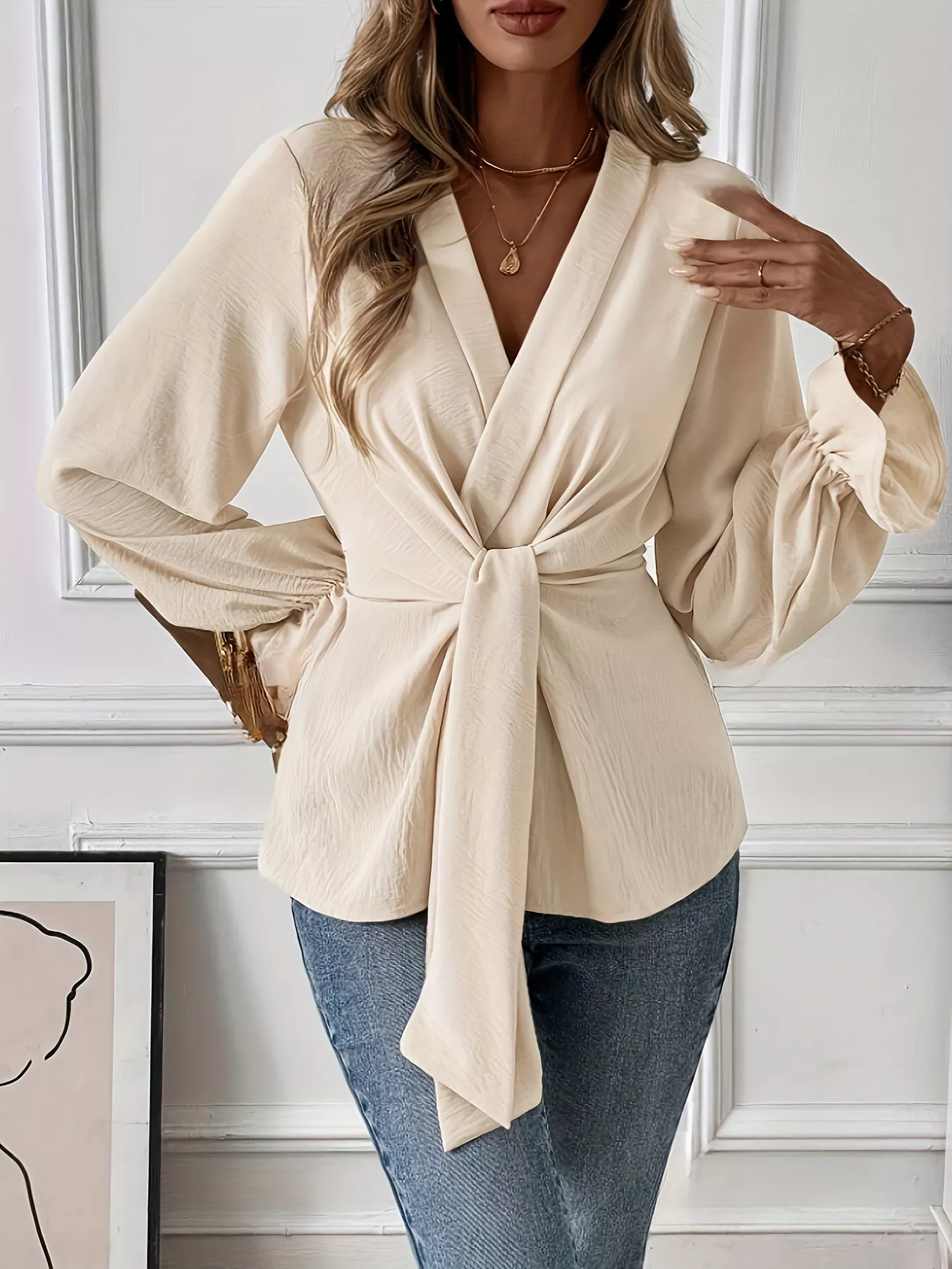 Knot Front Flounce Sleeve Blouse - Image 5