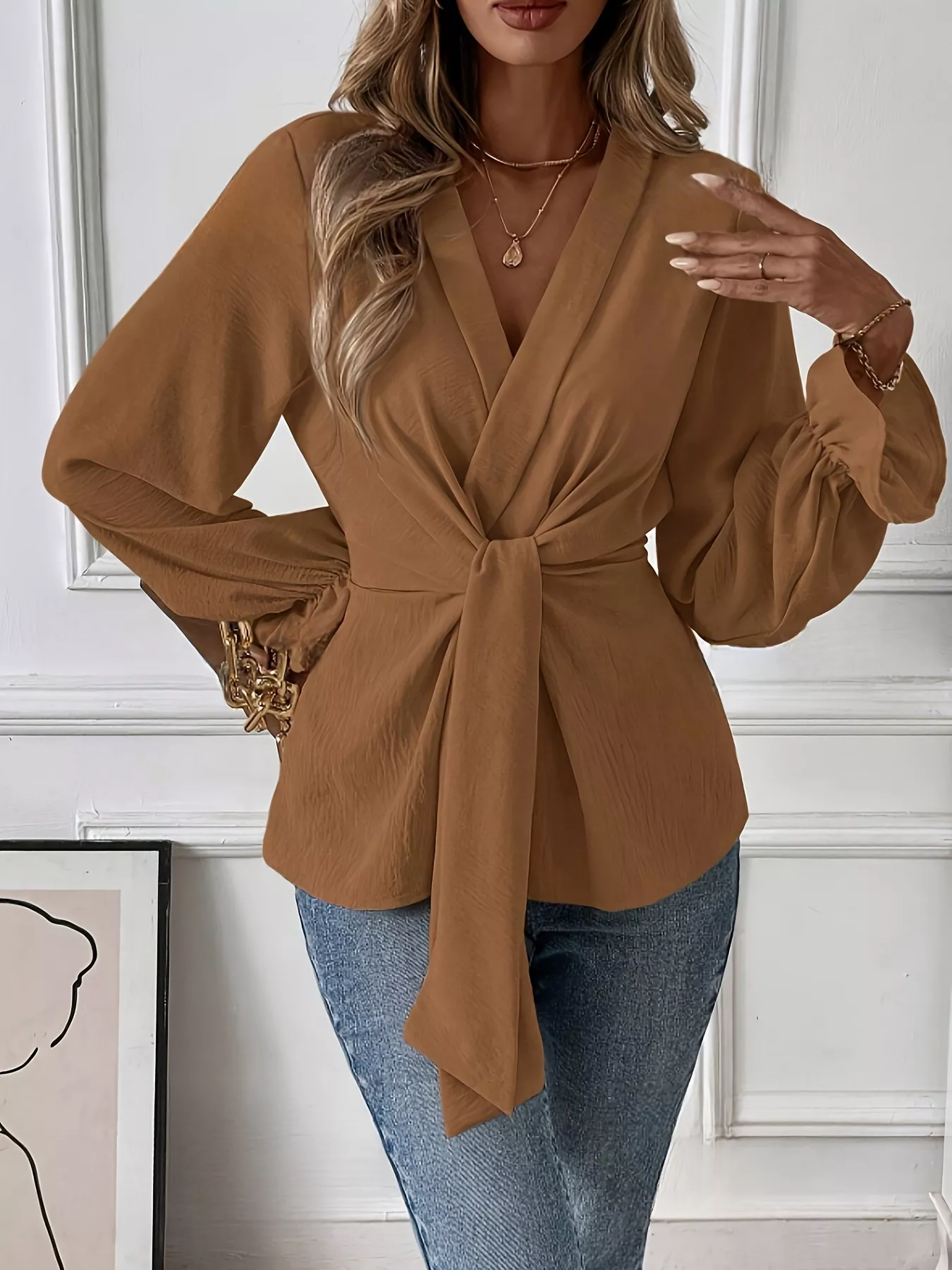 Knot Front Flounce Sleeve Blouse - Image 4