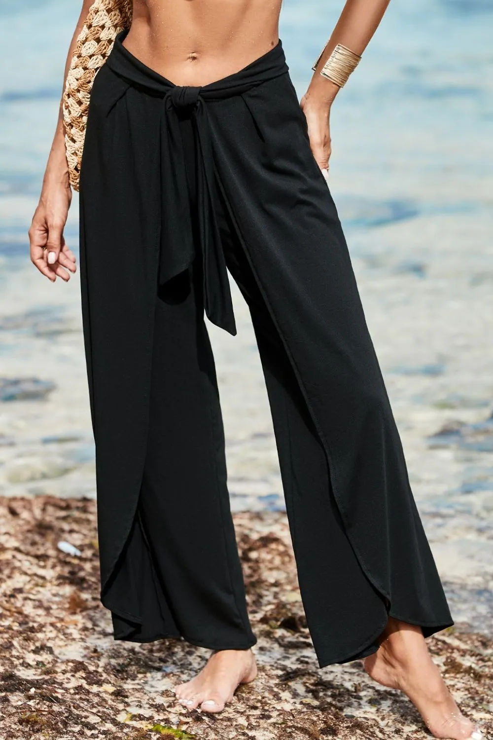 Knotted Waist Split Leg Relaxed Pants - Image 14