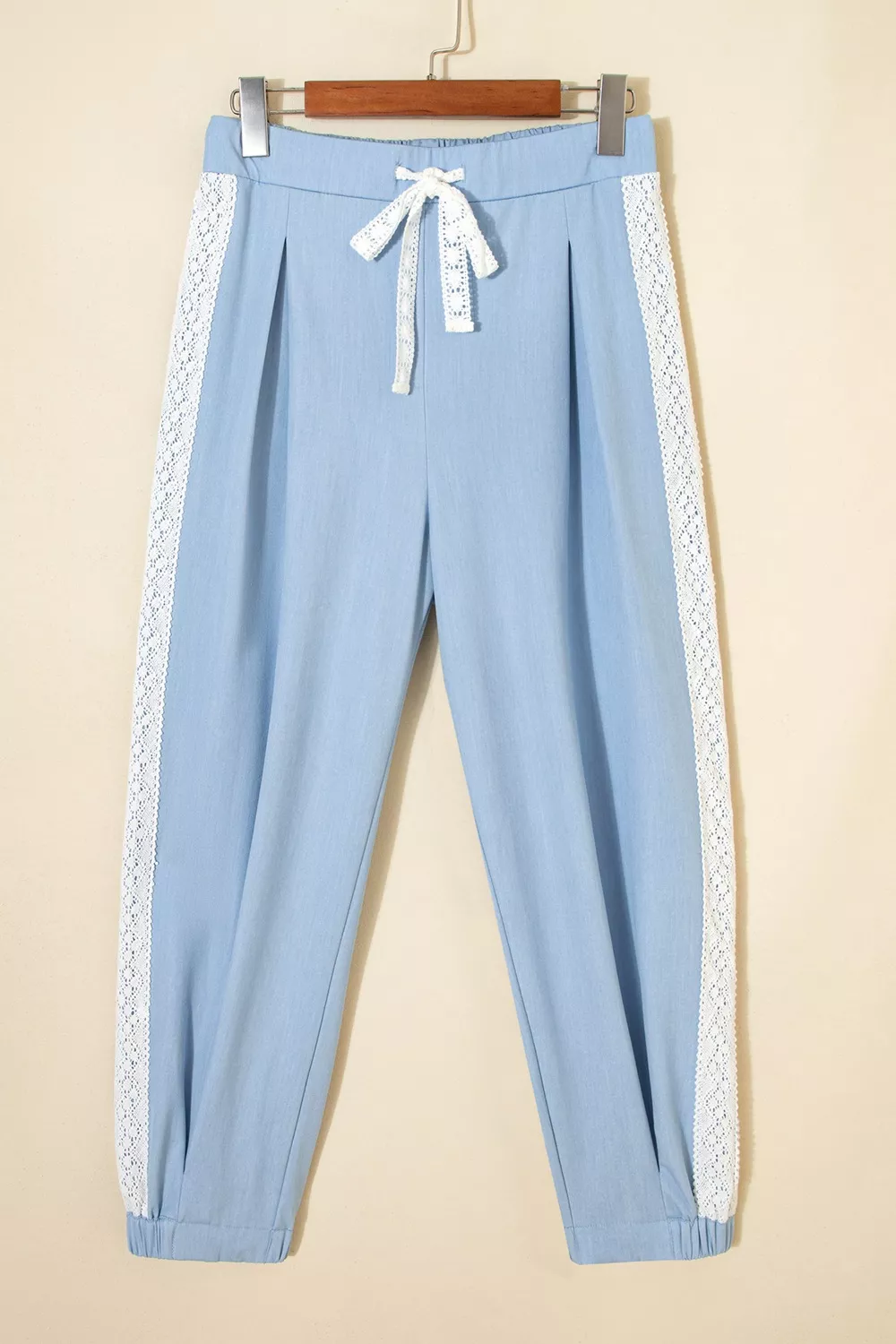 Lace Accent Floral Patched Pocket Pleated Wide Leg Slouchy Pants - Image 3